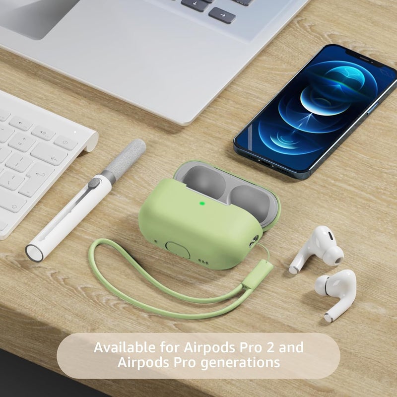 Tandoler Compatible with Airpods Pro 2 Case, Soft Silicone Skin Cover Protective Cases with Cleaner kit and Lanyard Compatible for AirPod Pro 2nd Generation, Front LED Visible - Matcha Green - Image 2